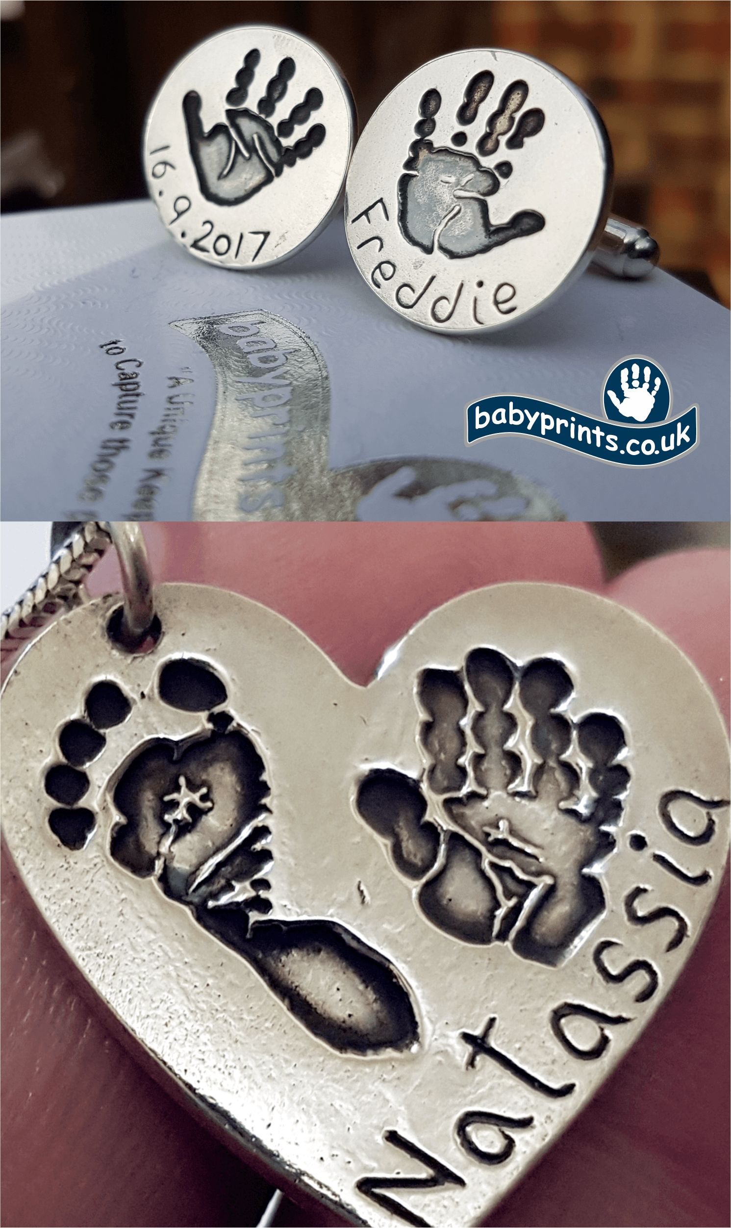 Hand and foot prints into solid silver